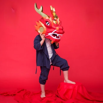 3D Papier Formy Čínsky Drak Hlavu Masku Pokrývky hlavy Model Nový Rok Halloween Cosplay Rekvizity Ženy Muži Party Zdobiť DIY Plavidlá Masky