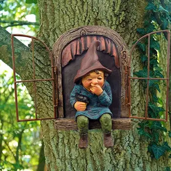 Elf Sa Dvere /Okno Strom Hugger Naughty Záhradný Trpaslík Socha Strom Decor Živice Gnome Starý Muž Víla Socha Ozdoby