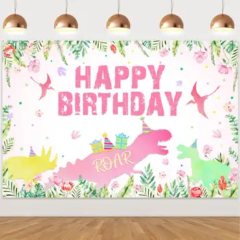 Ružový Dinosaurus Happy Birthday Kulisu pre Dievča Dinosaura Narodeninovej Party Dodávky Foto Pozadie Dino Tému Dekorácie