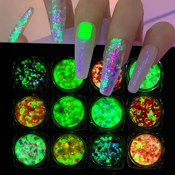 12pcs/set Zmiešané Fluorescenčné Lesk Prášok Hexagon Sequin Svetelný Vločka Svietiť V Tme Nail Art Manikúra Dekorácie MT185