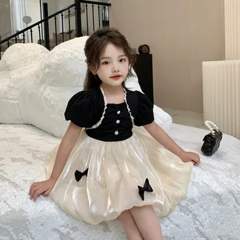 2023 Lete Dievčatá Princezná Bubliny Rukáv Šaty Deti-Krátke rukávy Výkon Kostým Dieťa Malé Čierne Šaty, Oblečenie pre Deti