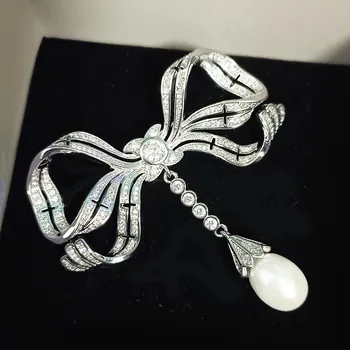 2023 Vintage Zirkón Luk Brošňa pre Ženy Šperky Duté Dizajn Bowknot Broochpins Prírodné Perly Strapec Corsage Elegantné Ornament
