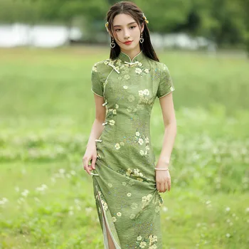 2023 Ženy Lete Vintage Zelená Kvetina Tlače Cheongsam Elegantné Čínskej Strane Pozdĺžneho Qipao Šaty Sladké Štíhle Dievča Narodeniny Šaty