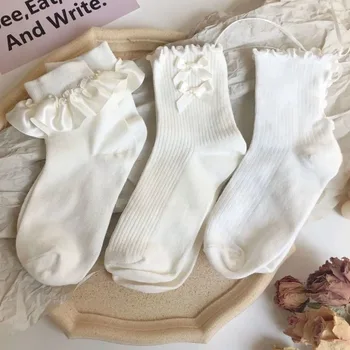 3 Páry Bielej Luk Ponožky Čipky Prehrabať Lolita Polovice Trubice Ponožky Japonský Štýl Lolita Luk Mäkké Dievča JK Všestranný Roztomilý Tenké Ponožky