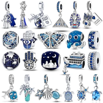 925 Strieborná Modrá Séria Charms Fit Pandora Originálny Náramok Diy Morská Korytnačka Zemi Ochranné Hamasa Strane Motýľ Perličiek