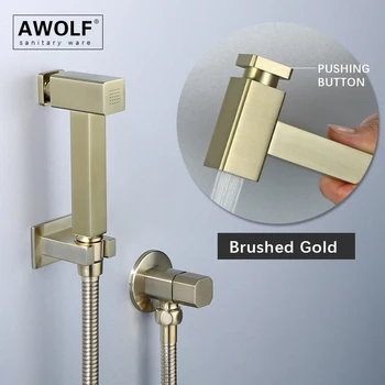 Awolf zlatým Prenosné Wc Bidet Shattaf Nastaviť Pevné Brass Hygienické Sprcha Hlavu Námestie Postrekovač s stlačení Tlačítka AP2204