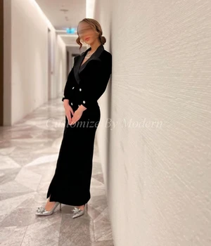 Black Velvet Dlhé Rukávy Šiat Prom V Krku Predné Split Dĺžka Podlahy Saudská Arábia Ženy Večer Party Šaty