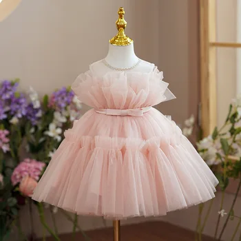 Formálne Elegantné Šaty Pre Dievčatká 1. Narodeniny Princezná Šaty Strany plesové Šaty, detské Odevy Kvet Deti Ružová Vestidos