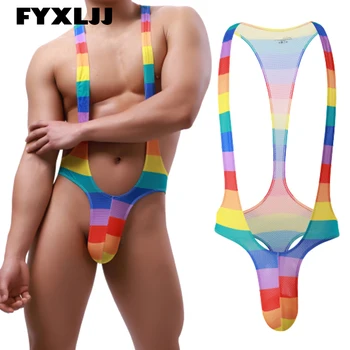 FYXLJJ Sexy Gay Muž Jockstrap Remeň Kombinézu Rainbow Tlače Jumpsuit Mens G-String T Späť Kombinézach Zápas Singlet Orgán Obrážačka