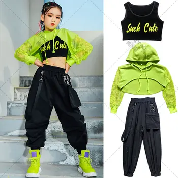 Jazz Kostým Hip Hop Dievčatá Oblečenie Zelené Vrcholky Čistý Rukáv, Čierna Hip Hop Nohavice Pre Deti Výkonu, Moderné Tanečné Oblečenie