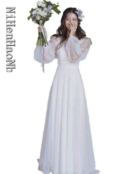 Kórejský A-line Nevesta Šaty s Perlami Dlhý Rukáv Dvoch-dielny Svadobné Šaty Super Víla Svadobné Šaty na Zákazku