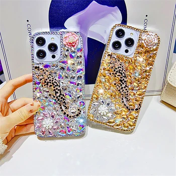 Luxusné Drahokamu Leopard Pearl Flower Transparentné Telefón puzdro Pre iPhone 14 13 12 11 Pro Max X XR XS 7 8 Plus Lesk Zadný Kryt