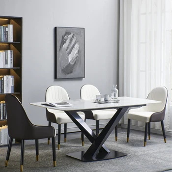 Moderné Obdĺžnikový Jedálenský Stôl Spekaných Kameň Biely Jedálenský Stôl s Čiernym X-Tvarované Uhlíkovej Ocele Nohy
