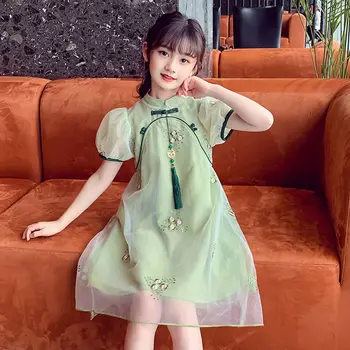Moderný Štýl Cheongsam Šaty pre Dievčatá v Lete Deti Qipao Výšivky Bublina Rukáv Víla Šaty