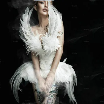 Módna show labutie pierko šaty Halloween Party kostýmy tanečné predstavenie krídla biela labuť pierko karneval kostým
