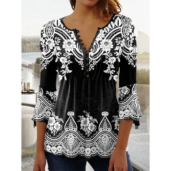 Módne dámske Tlačidlo-Dole Tričko V-Neck Voľné Pohodlné Oblečenie Letné Tričko 3D Vytlačené Sedem-Quarter Sleeve Top