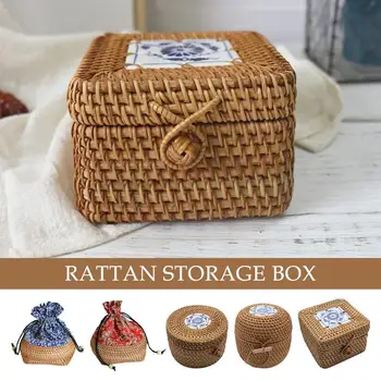 Nové Kolo Ratan Krabice s Vekom, Ručne Tkané Multi-Purpose Dekorácie, Prútené Úložný Box Až Organizátor Aby Zásobník Šperky Deskt A3P7