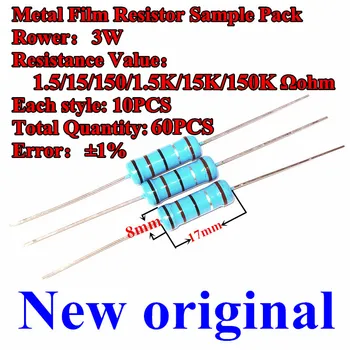 Nový, Originálny Kovový Film Odpor Vzorky Pack 1% 3W / 1.5/15/150/1.5 k /15k/150k Ω OHM Farebné Krúžky