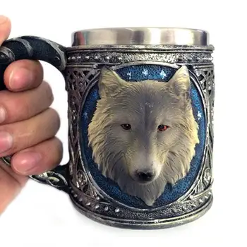 Osobné retro 3D Vlk Kráľ Hrnček Dvojnásobok vrstvy z nehrdzavejúcej ocele Vlk Hlavu Šálku Kávy Pohár Vody