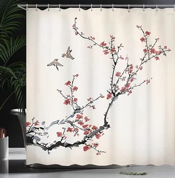 Príroda Sprchový Záves Kvety, Puky Vtákov s Cherry Pobočiek v Štýle Art Maľovanie Nepremokavé Polyesterové Tkaniny Kúpeľňa Decor Set