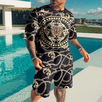 Pánske Tepláky Tiger Luxusné Reťazca-Krátke rukávy T-Shirt Šortky 2 Dielna Sada Módne Bežné Streetwear Nadrozmerné Oblečenie Mužov