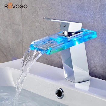 ROVOGO LED Kúpeľňa Kohútik Vodopád Mosadz Povodí Kohútik Studenou Mixér Ťuknite na Palube Namontované Umývadlo Mixér Žeriav