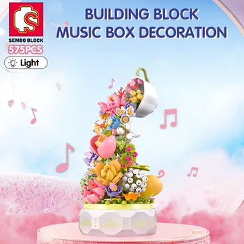 SEMBO BLOK 575pcs Teacup Kvet Osvetlenie Music Box stavebným Domova Anime Kreatívny Darček Hračka Pre Dieťa Dospelých
