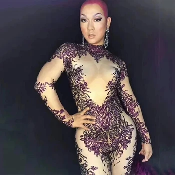 Sexy Iskrivý fialová drahokamu elastické jumpsuit bar, nočný klub koncert spevák, tanečník kostým nový rok kostýmy