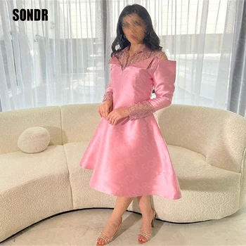 SONDR Ružový Riadok Krátke Prom Šaty Prom Šaty Plné Rukávy Flitrami Formálne Noc Vestidos De Fiesta Večerné Šaty Šaty