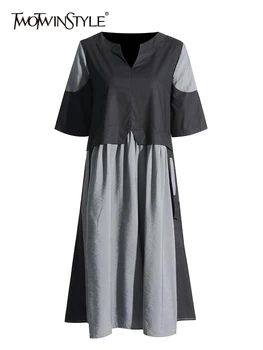TWOTWINSTYLE Black Voľné Šaty Pre Ženy Okrúhlym Výstrihom, Krátky Rukáv Minimalistický Bežné Ženské Šaty Nové Oblečenie 2023 Móda
