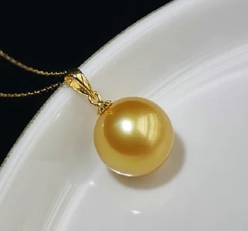 Zlatý Prívesok 12-13mm Kolo Prírodnej Morskej Golden Pearl Módne Svadobné Dary Pokuty Pearl Šperky pre Ženy(s Reťazca)