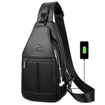 Značka mužov hrudníka taška veľká kapacita taška cez rameno s USB rozhraním módne crossbody taška vysokej kvality PU kožené pánske kabelky